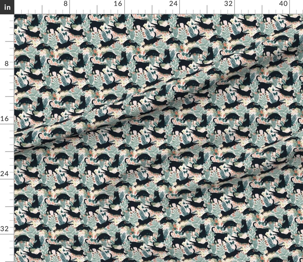 Black Cat Butterfly Garden Small Green Flowers Red Kitten Custom Printed Fabric by Spoonflower Various Fabrics by the Yard or Fat Quarter